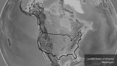 Amerika Birleşik Devletleri sınır bölgesinin yakın plan görüntüsü gri tonlu bir haritada. Ana nokta. Kırsal kesimin kıvrımlı kenarları. Ülkenin ve başkentinin İngilizce adı
