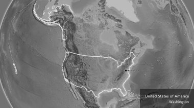 Amerika Birleşik Devletleri sınır bölgesinin yakın plan görüntüsü gri tonlu bir haritada. Ana nokta. Ülke çapında parıldıyor. Ülkenin ve başkentinin İngilizce adı