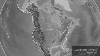 Amerika Birleşik Devletleri sınır bölgesinin yakın plan görüntüsü gri tonlu bir haritada. Ana nokta. Ülke çapında bir taslak oluşturun. Ülkenin ve başkentinin İngilizce adı
