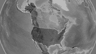 Amerika Birleşik Devletleri sınır bölgesinin yakın çekimleri gri tonlu bir haritada koyu bir örtüyle vurgulanıyor. Ana nokta. Ülke şekli etrafında özet geç. 