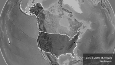 Amerika Birleşik Devletleri sınır bölgesinin yakın çekimleri gri tonlu bir haritada koyu bir örtüyle vurgulanıyor. Ana nokta. Ülke çapında parıldıyor. Ülkenin ve başkentinin İngilizce adı