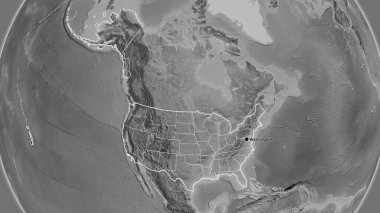 Amerika Birleşik Devletleri 'nin sınır bölgesi ve bölgesel sınırlarına gri tonlu bir harita üzerinde yakın plan. Ana nokta. Ülke şekli etrafında özet geç. 