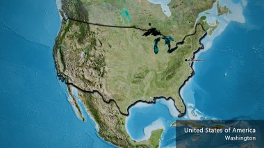 Amerika Birleşik Devletleri sınır bölgesinin uydu haritası üzerinde yakın plan çekimleri. Ana nokta. Kırsal kesimin kıvrımlı kenarları. Ülkenin ve başkentinin İngilizce adı