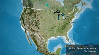 Amerika Birleşik Devletleri sınır bölgesinin uydu haritası üzerinde yakın plan çekimleri. Ana nokta. Ülke çapında parıldıyor. Ülkenin ve başkentinin İngilizce adı
