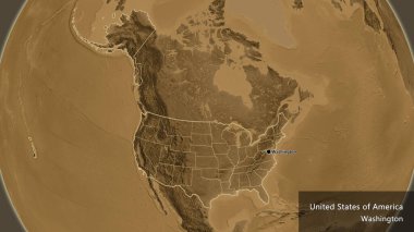 Amerika Birleşik Devletleri sınır bölgesinin ve bölgesel sınırlarının bir sepya yükseklik haritası üzerinde yakın plan görüntüsü. Ana nokta. Ülke çapında bir taslak oluşturun. Ülkenin ve başkentinin İngilizce adı