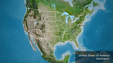 Amerika Birleşik Devletleri sınır bölgesinin ve onun bölgesel sınırlarının uydu haritasında yakın çekimleri. Ana nokta. Ülke çapında bir taslak oluşturun. Ülkenin ve başkentinin İngilizce adı