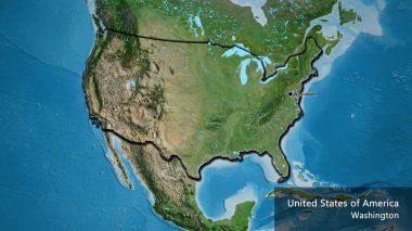 Amerika Birleşik Devletleri sınır bölgesinin uydu haritası üzerinde yakın plan çekimleri. Ana nokta. Kırsal kesimin kıvrımlı kenarları. Ülkenin ve başkentinin İngilizce adı