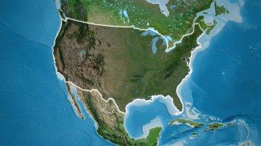 Amerika Birleşik Devletleri sınır bölgesinin yakın çekimleri uydu haritasında koyu bir örtüyle vurgulanıyor. Ana nokta. Ülke çapında parıltı. 
