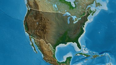 Amerika Birleşik Devletleri sınır bölgesinin yakın çekimleri fiziksel bir harita üzerinde koyu bir örtüyle vurgulanıyor. Ana nokta. Ülke şekli etrafında özet geç. 