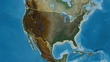 Amerika Birleşik Devletleri sınır bölgesinin yakın çekimleri bir yardım haritasında koyu bir örtüyle vurgulanıyor. Ana nokta. Ülke şekli etrafında özet geç. 