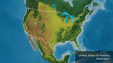 Bir topografik haritada Amerika Birleşik Devletleri sınır bölgesinin yakın çekimleri. Ana nokta. Ülke çapında bir taslak oluşturun. Ülkenin ve başkentinin İngilizce adı