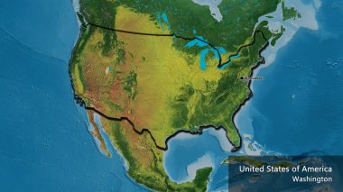 Bir topografik haritada Amerika Birleşik Devletleri sınır bölgesinin yakın çekimleri. Ana nokta. Kırsal kesimin kıvrımlı kenarları. Ülkenin ve başkentinin İngilizce adı