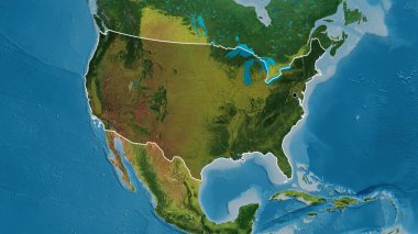 Amerika Birleşik Devletleri sınır bölgesinin yakın çekimleri bir topoğrafik haritada koyu bir örtüyle vurgulanıyor. Ana nokta. Ülke şekli etrafında özet geç. 