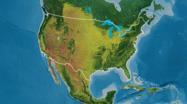 Bir topografik haritada Amerika Birleşik Devletleri sınır bölgesinin yakın çekimleri. Ana nokta. Ülke şekli etrafında özet geç. 