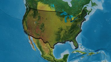 Amerika Birleşik Devletleri sınır bölgesinin yakın çekimleri bir topoğrafik haritada koyu bir örtüyle vurgulanıyor. Ana nokta. Ülkenin kıvrımlı kenarları. 