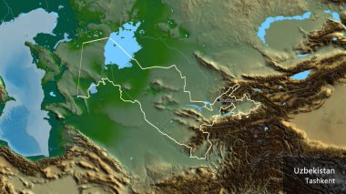 Fiziksel haritada Özbekistan sınırına yakın çekim. Ana nokta. Ülke çapında bir taslak oluşturun. Ülkenin ve başkentinin İngilizce adı