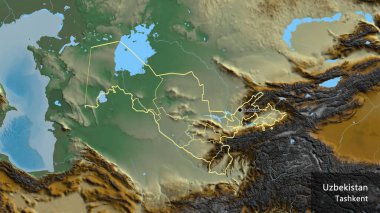 Bir yardım haritasında Özbekistan sınırına ve bölgesel sınırlarına yakın plan. Ana nokta. Ülke çapında bir taslak oluşturun. Ülkenin ve başkentinin İngilizce adı