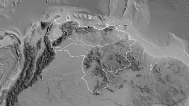 Venezuela sınırına ve bölgesel sınırlarına gri tonlu bir harita üzerinde yakın plan. Ana nokta. Ülke şekli etrafında özet geç. 