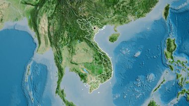 Vietnam sınırına ve bölgesel sınırlarına bir uydu haritasında yakın plan. Ana nokta. Ülke şekli etrafında özet geç. 