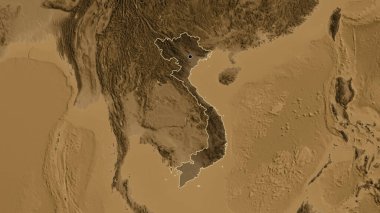 Vietnam sınır bölgesinin yakınından, sepia yükseklik haritasında koyu bir örtüyle vurgulanıyor. Ana nokta. Ülke şekli etrafında özet geç. 
