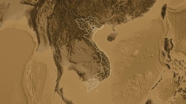 Vietnam sınırına ve bölgesel sınırlarına bir sepia yükseklik haritasında yakın plan. Ana nokta. Ülke şekli etrafında özet geç. 