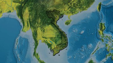 Vietnam sınır bölgesinin yakın çekimleri bir topografik haritada koyu bir örtüyle vurgulanıyor. Ana nokta. Ülkenin kıvrımlı kenarları. 