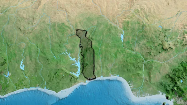 衛星地図上の暗いオーバーレイで強調トーゴ境界領域のクローズアップ 資本ポイント 国の形の縁が隠されている — ストック写真