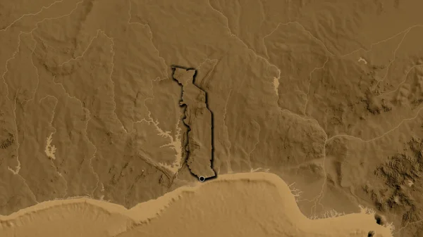Närbild Togo Gränsområde Sepia Höjd Karta Huvudpunkt Skalade Kanter Lantformen — Stockfoto