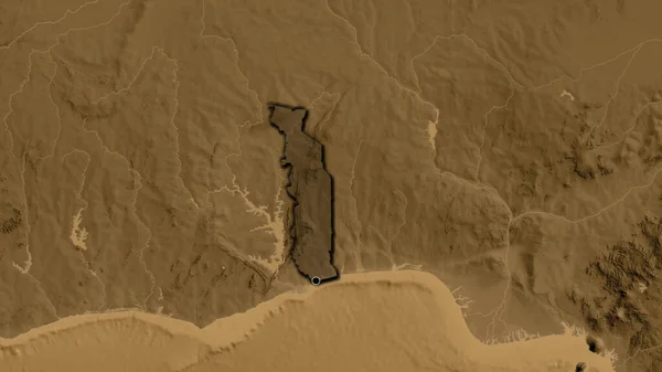 Close Togo Border Area Highlighting Dark Overlay Sepia Elevation Map — Stock Photo, Image