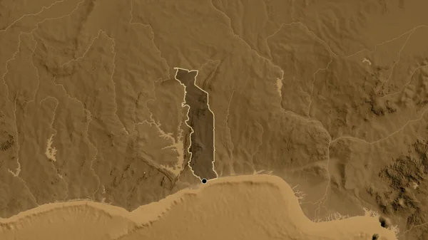 Närbild Togo Gränsområde Belyser Med Mörk Överlagring Sepia Höjd Karta — Stockfoto