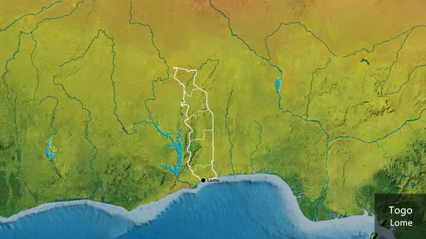 Togo sınır bölgesinin ve onun bölgesel sınırlarının bir topoğrafik haritada yakınlaştırılması. Ana nokta. Ülke çapında bir taslak oluşturun. Ülkenin ve başkentinin İngilizce adı
