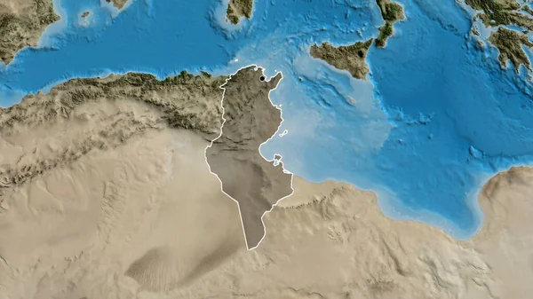 Tunus sınır bölgesinin yakın planında uydu haritasında koyu bir kaplama var. Ana nokta. Ülke şekli etrafında özet geç. 