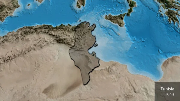 튀니지 지역의 사진은 지도에 어두운 오버레이로 비추고 국토의 가장자리를 나라의 — 스톡 사진