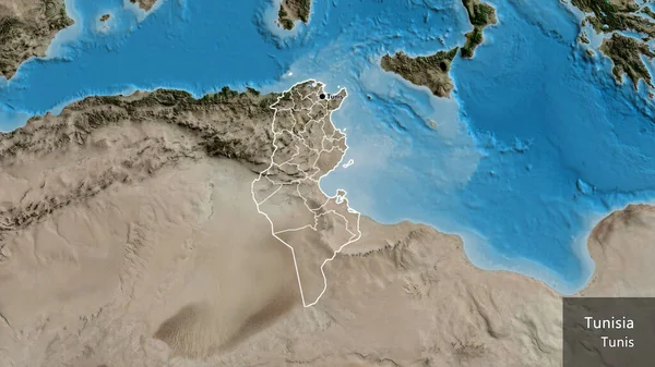 チュニジア国境地域の閉鎖と衛星地図上のその地域の境界線 資本ポイント 国の形の周りの概要 英名国とその首都 — ストック写真