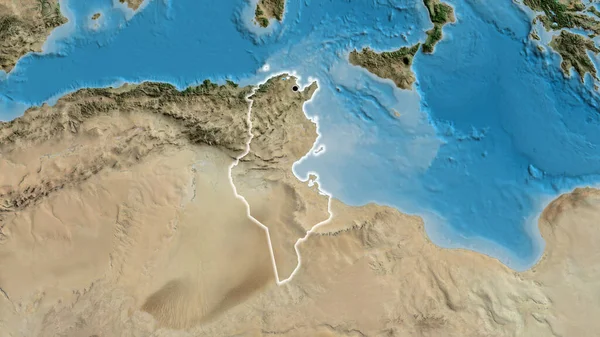 Lähikuva Tunisian Raja Alueesta Satelliittikartalla Hyvä Pointti Hehku Ympäri Maata — kuvapankkivalokuva