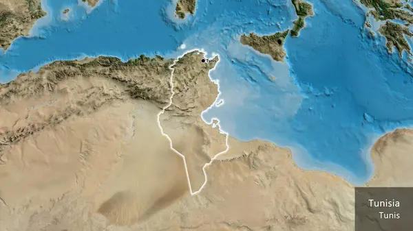 Close Van Het Grensgebied Van Tunesië Een Satellietkaart Hoofdpunt Gloeien — Stockfoto