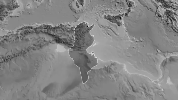 グレースケールの地図上に暗いオーバーレイで強調チュニジア国境地域のクローズアップ 資本ポイント 全国の概要 — ストック写真