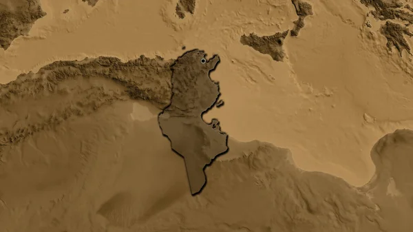 Närbild Tunisien Gränsområde Belysa Med Mörk Överlagring Sepia Höjd Karta — Stockfoto