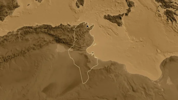 在一个黑色高地地图上对突尼斯边境地区进行的密切监视 资本点 国家形貌概述 — 图库照片