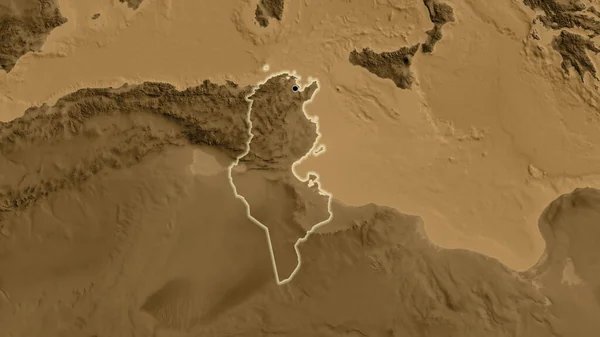 Närbild Tunisien Gränsområde Sepia Höjd Karta Huvudpunkt Glow Runt Landet — Stockfoto