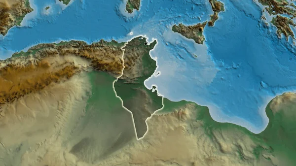 チュニジア国境地域のクローズアップは 救援地図上の暗いオーバーレイで強調しています 資本ポイント 全国に光る — ストック写真
