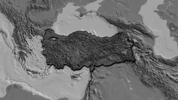 トルコ国境地域のクローズアップは 二階建ての地図上の暗いオーバーレイで強調表示されます 資本ポイント 国の形の縁が隠されている — ストック写真