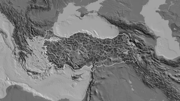 Zbliżenie Strefy Przygranicznej Turkiye Jej Granic Regionalnych Mapie Dwupoziomowej Główny — Zdjęcie stockowe