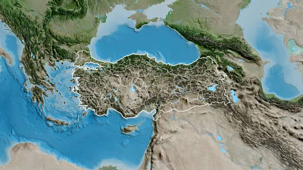 Närbild Turkiyes Gränsområde Och Dess Regionala Gränser Satellitkarta Huvudpunkt Skissera — Stockfoto