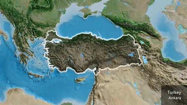 Turkiye边境地区的特写镜头 用卫星地图上的黑暗覆盖突出显示 资本点 风靡全国各地 国家及其首都的英文名称 — 图库照片