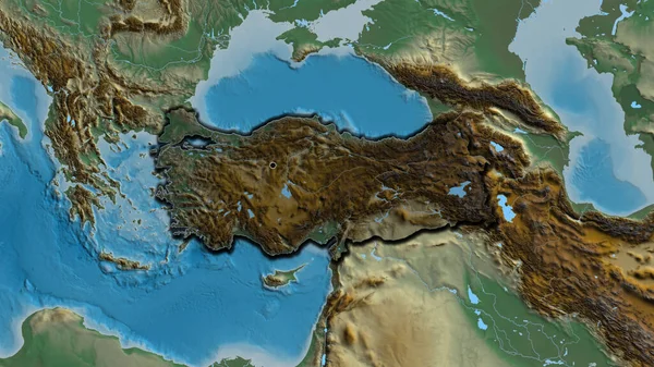 トルコ国境地域のクローズアップは 救援地図上の暗いオーバーレイで強調表示されます 資本ポイント 国の形の縁が隠されている — ストック写真