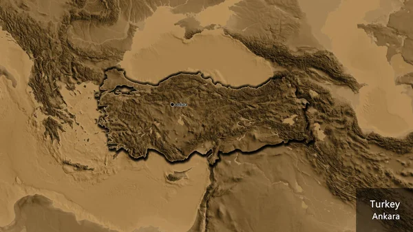 Primer Plano Zona Fronteriza Turkiye Mapa Elevación Sepia Punto Capital — Foto de Stock