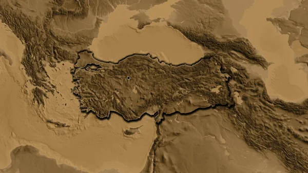 在黑色高地地图上对Turkiye边境地区的特写 资本点 国家形状的斜边 — 图库照片