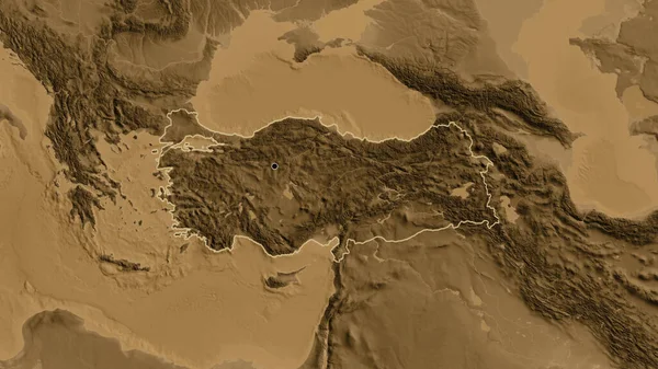 Närbild Turkiye Gränsområdet Sepia Höjd Karta Huvudpunkt Skissera Runt Landet — Stockfoto