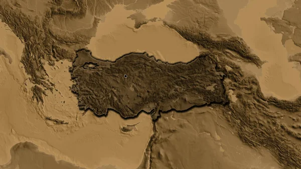 Închiderea Zonei Frontieră Turkiye Evidențiind Suprapunere Întunecată Hartă Altitudine Sepia — Fotografie, imagine de stoc